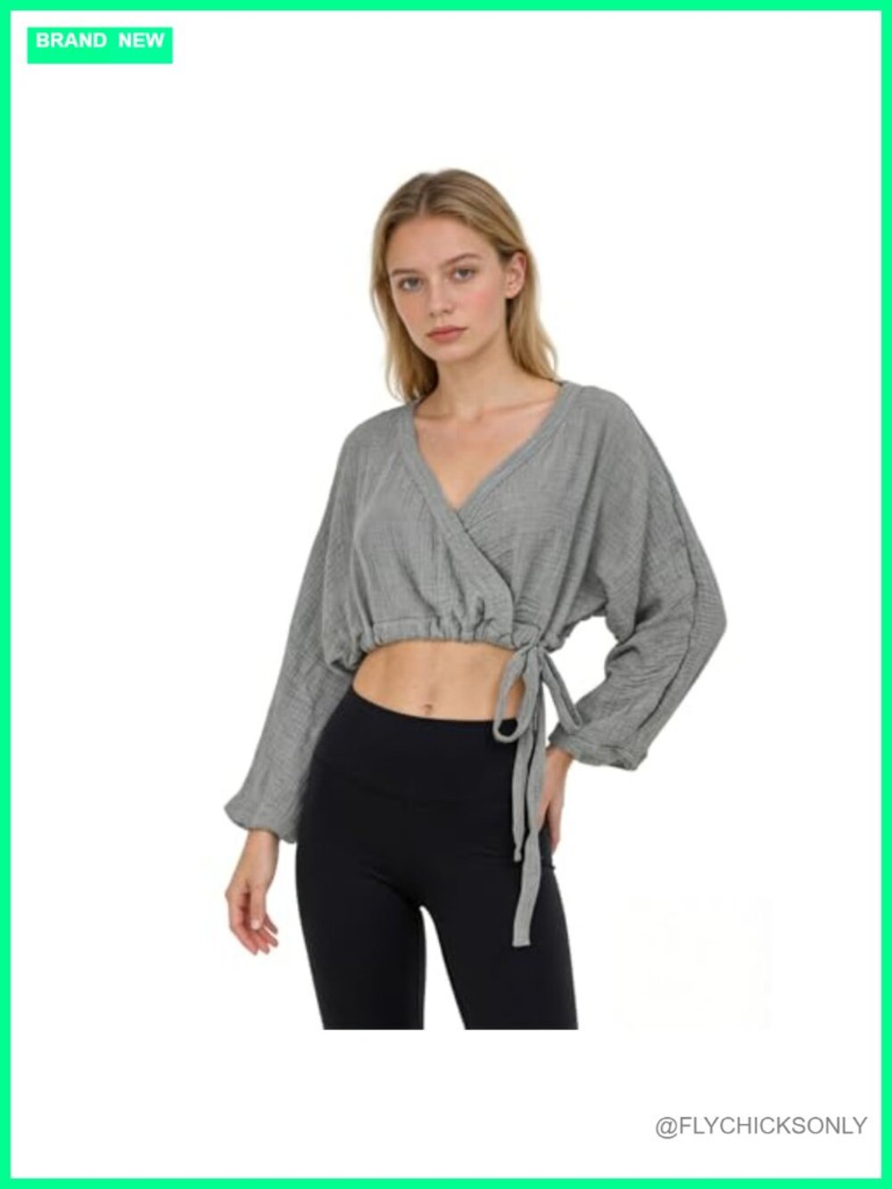 Cotton Double Gauze Wrap Crop Top Long Sleeve V Neck Tie Side Crinkled Summer